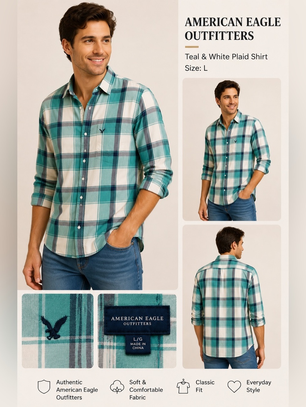 American Eagle Outfitters Teal and White Plaid Classic fit Shirt/size L